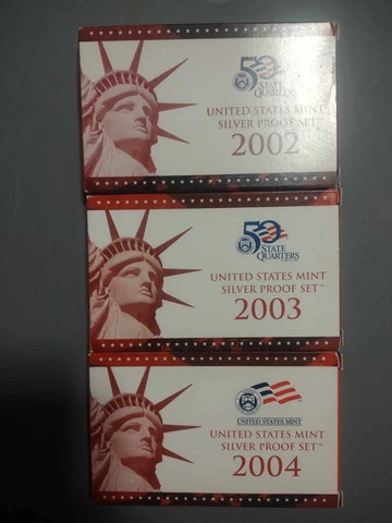 Lot of 3 U.S Mint Silver Proof SETS 2002,2003,2004-S With Box and COA 90% Silver Cover