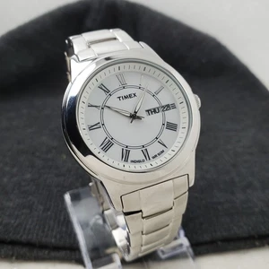 TIMEX INDIGLO T2N418 DAY/DATE ROMAN CLASSIC WHITE/SILVER WR 50M MEN'S WATCH  - Picture 1 of 10