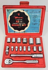 Vintage Wizard 18 piece Chrome 3/8" Drive Socket Set Western Auto - Picture 1 of 14