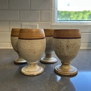 Hanselmann Art Pottery Stoneware Goblet Cup Beige Tan Set Of 4 HTF RARE ~ GREAT - Picture 1 of 7
