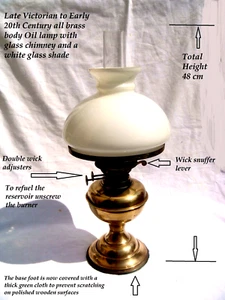 Victorian oil lamp brass reservoir ,double wick burner, chimney & white shade - Picture 1 of 13