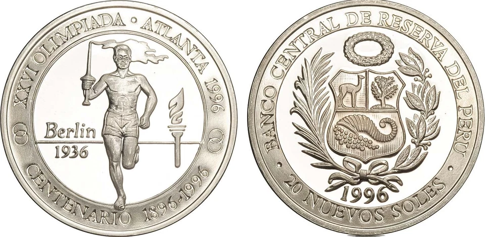 Extra Rare 1996 Peru Lrg.Silver piedfort 20 S Olympic Flame T3-Mintage 25 - Image 1 of 1