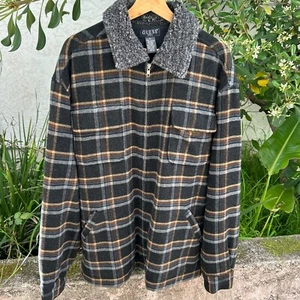 Vintage 90s Guess USA Sherpa Collar Plaid Zip Jacket XL Hong Kong - Picture 1 of 3