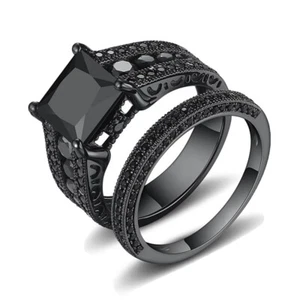 Black 2.5 kt Princess Cut Black 925 Sterling Silver Bridal Set Sz 7 - Picture 1 of 5