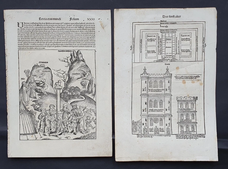 Two pages Nuremberg Chronicle Golden calf temple of Ezekiel Hartmann Schedel - Image 1 of 4