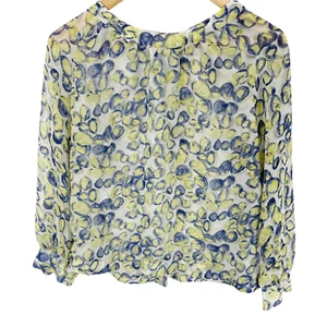 Francescas Blue Yellow Spotted Sheer Open Back Blouse Sz L Long Sleeved - Picture 1 of 5