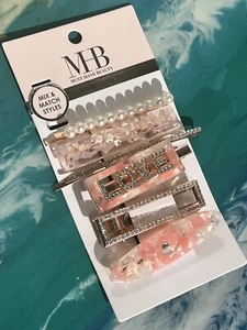 6 Hair Barrettes Faux Diamonds & Pearls Love Mother of Pearl Clips & Bobby Pins - Picture 1 of 1