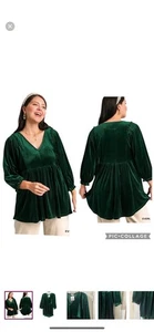 Umgee Samt smaragdgrün Tunika 3/4 Arm V-Ausschnitt Empire Taille Top Large - Bild 1 von 12