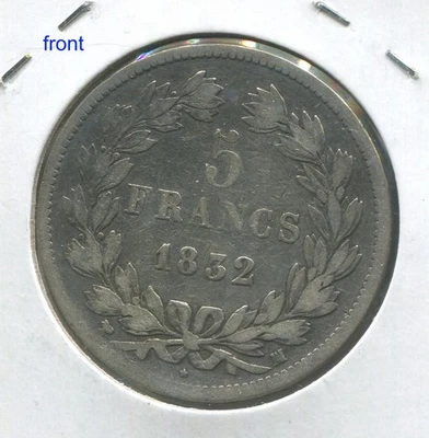 France 1832-W, 5 Francs silver coin KM#749.13(Lille), Louis Philippe I. C094 - Image 1 of 3