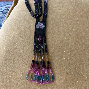 Rose Pink Black Flapper Seed Bead Necklace Sautoir Art Deco Tassel Antique 1920s - Picture 1 of 9