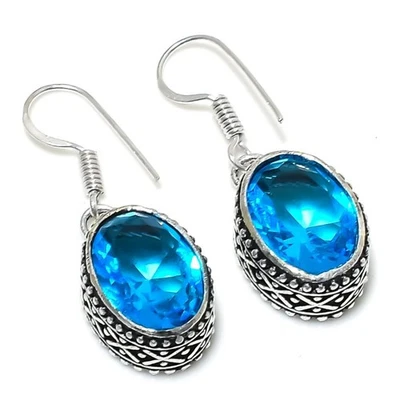 Swiss Blue Topaz Gemstone 925 Sterling Silver Gift Jewelry Earring 1.42" f274 - Image 1 of 2
