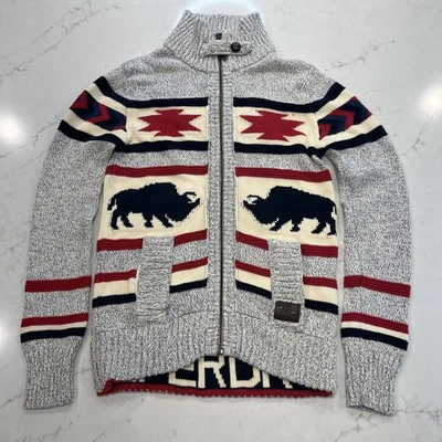 SuperDry Mens Small Big Zip Aztec Buffalo Knit Cardigan Sweater Blue Red Cream - Image 1 of 4