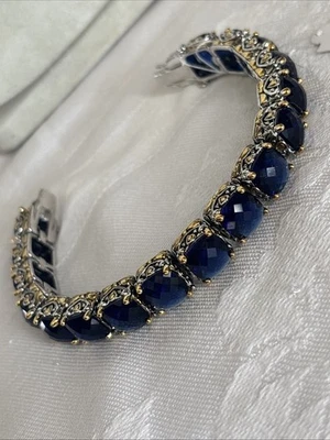 Park Lane Signature Tennis Bracelet 7.5” Gold Silver Two Tone Cushion CZ Blue - Image 1 of 4