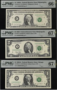 2003 $2 PMG 67EPQ 1988A & 2003A $1 67EPQ - 3 Matching Low Serial Number 00006566 - Picture 1 of 7