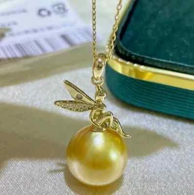 Gorgeous AAAA + 10-11mm Round South Sea Golden Pearl Pendant Necklace 14K GOLD P - Image 1 of 4