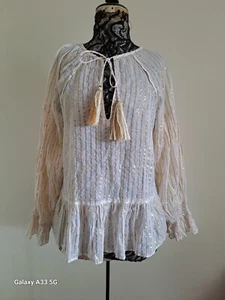 Briony Marsh Boho Style Cotton With Gold Lurex Thread Blouse Size 10 - Picture 1 of 6
