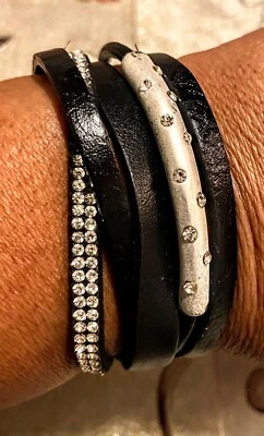 Sweet Lola Black Faux Leather Multi Strand Rhinestone Wrap Magnet Bracelet WOW - Image 1 of 4
