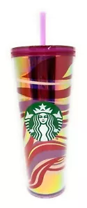 NUEVO Vaso Starbucks Color Rosa Púrpura Blanco Cintas Vaso Copa Fría - Imagen 1 de 6