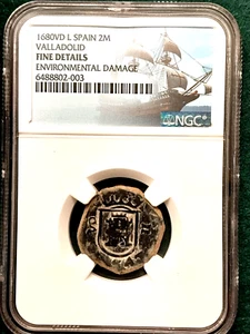 Colonial Era Spain. Valladolid, 1680, Cob Coin, 2 Maravedis, NGC, Fine Details - Picture 1 of 4