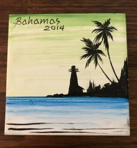 Bahamas Palm Tree Lighthouse Painted Tile 2014 - Picture 1 of 3