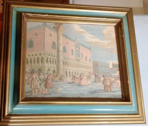 SET OF 2 VTG ITALIAN FLORENTINE WOOD FRAMED WOVEN TAPESTRY 'SCENE OF VENICE' - Picture 1 of 5