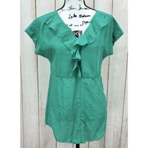 Anthropologie Vanessa Virginia 100% Silk Blouse Size 4 Teal Green Ruffle Front - Picture 1 of 7