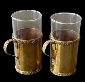 Vintage Podstakannik Tea Glass Holders Set of 2 Rustic Brass Patina With Glass - Picture 1 of 12