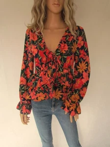 TopShop bright shirt blouse top, ruffles floral fabric, long sleeves, 12 uk - Picture 1 of 9