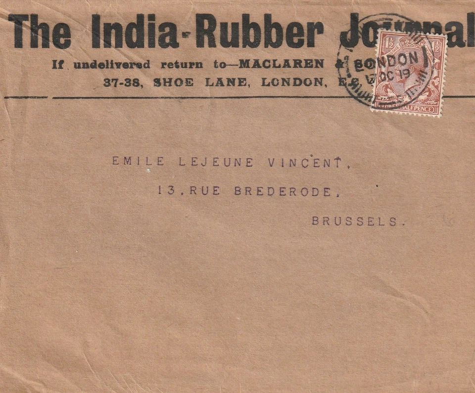 GB to Belgium LONDON GV 1d 1/2d INDIA RUBBER JOURNAL Newspaper Wrapper 1919 - Image 1 of 1