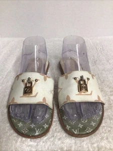 Louis Vuitton Lock It Flat Sandals - White, Green, Tan Logo Women’s 40 READ - Picture 1 of 10