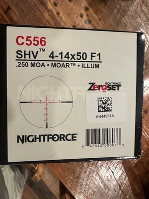 Nightforce SHV 4-14x50 illum MOAR .25 MOA F1 Scope w/ Rubber Lens Covers C556 - Image 1 of 4