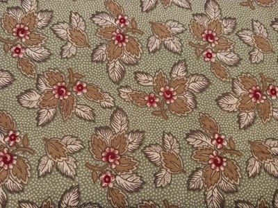 Folk Art Christmas II for Moda Cotton Fabric Olive Green w Leaves Red Flowers - Image 1 of 4