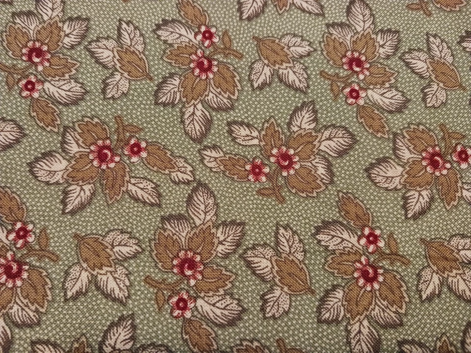 Folk Art Christmas II for Moda Cotton Fabric Olive Green w Leaves Red Flowers - Image 1 of 4