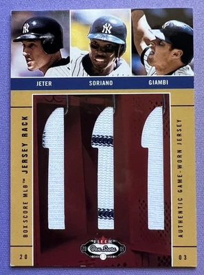2003 Fleer Box Score Game Used Jersey Relic Yankees Jeter Soriano Giambi #/350 - Image 1 of 2