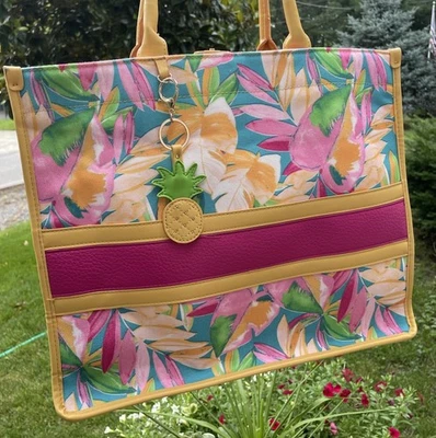 2pc CATO Island Floral Pineapple Vacation Tote With Crossbody Purse Canvas - Image 1 of 4