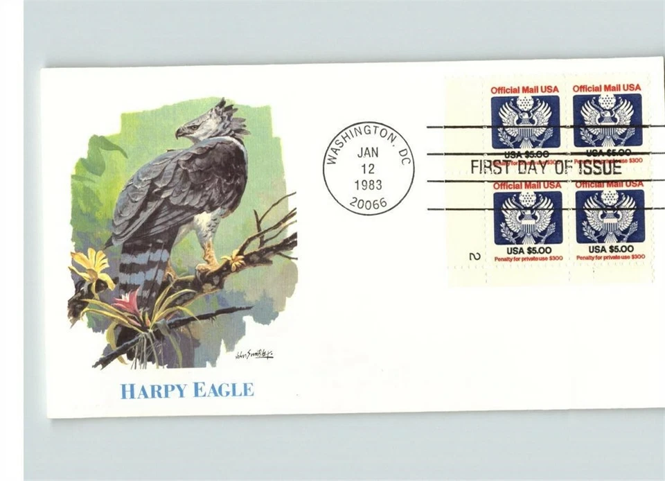 $5.00 Official Mail Block of 4 on First Day of Issue, pic Harpy Eagle, 1983 - Image 1 of 1