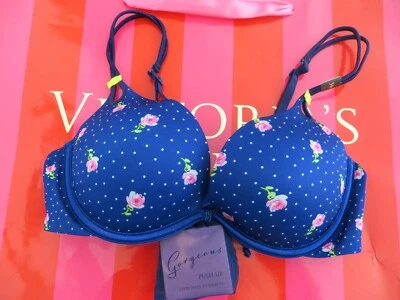 NWT - Victoria Secret Gorgeous pushup bra 34C - blue, white polka dots, roses - Image 1 of 4