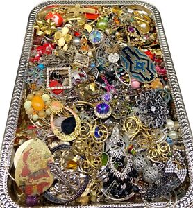 Broken Jewelry Findings & Single Earrings Lot Rhinestone Vintage Craft Art Lbs