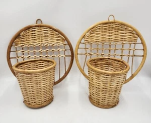 Vintage Set of 2 Round Wicker Hanging Planter Baskets w/Wicker Hangers Boho - Picture 1 of 20