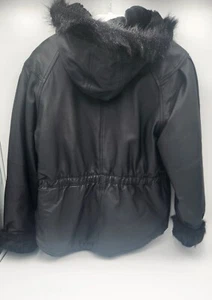 Girls Youth Large 14-16 New Moves Black Genuine Leather Coat Fur Hood - Picture 1 of 23