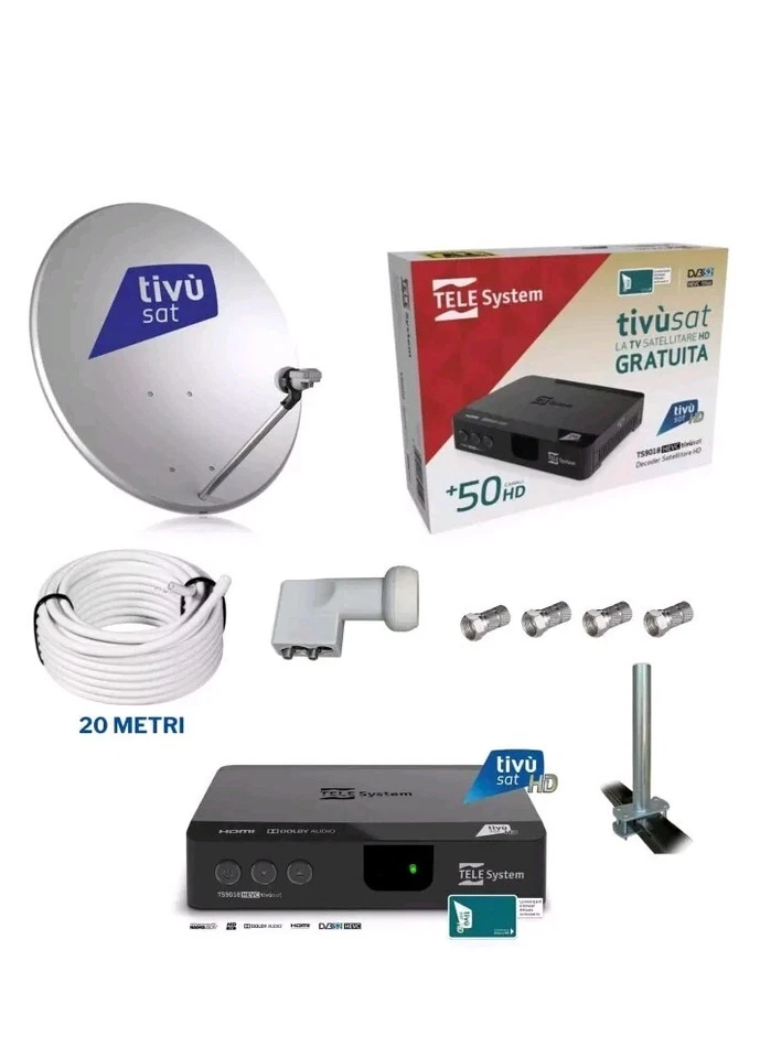 KIT-SATELLITARE HD  TIVÙSAT + DECODER + PARABOLA 45CM + LNB+20 MT CAVO + SUPP - Immagine 1 di 1