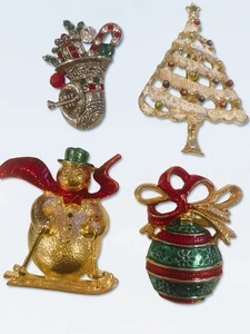 Christmas Brooch Pin Vtg LOT 4pc Signed Gerrys AAI Labelle Ski Snowman Tree Horn - Picture 1 of 10