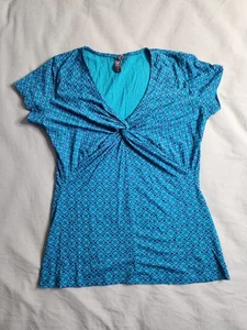 Ibex V Neck Crossover Merino Wool Top Womens Sz Medium Blue Purple Geometric NEW - Picture 1 of 8
