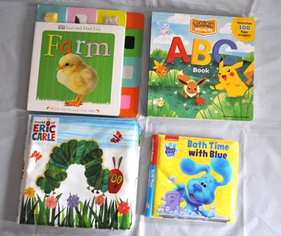 Lot of 4 Bath Time & Board Books Hidden Pictures Touch and Feel Farm ABC Pokémon - Image 1 of 4