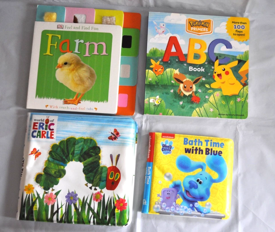 Lot of 4 Bath Time & Board Books Hidden Pictures Touch and Feel Farm ABC Pokémon - Image 1 of 4