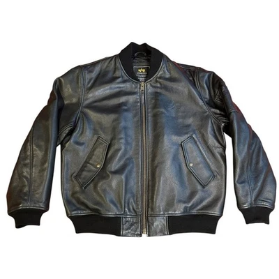 ALPHA INDUSTRIES Chaqueta Bomber Motociclista Cremallera Completa Cuero Genuino Negra GRANDE Foto 1 de 4