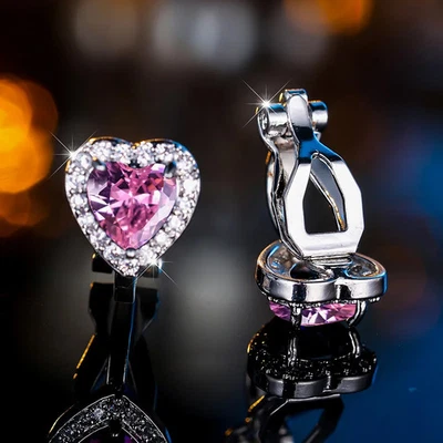 Серебряного тона сердце зажим серьги женщин розовый синий цирконий винтажная свадебная бижутерия - Изображение 1 из 4