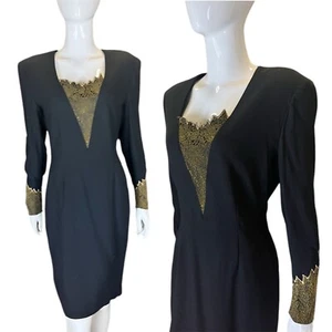 Vintage 80's Black Bodycon Dress 12 Evening/Party/Cocktail Gold Brocade Sleeves - Picture 1 of 8