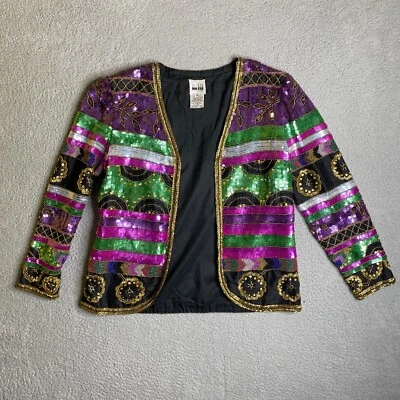 Leslie Fay Evenings Jacket Medium 100% Silk Beaded Purple Sequined Open Front - Image 1 of 4