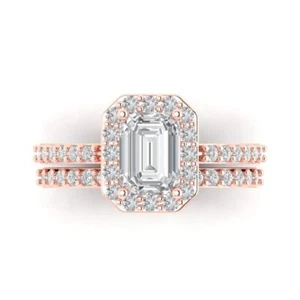 2.20 CT Emerald Halo Bridal anniversary engagement Ring band set 14k Rose gold - Picture 1 of 11